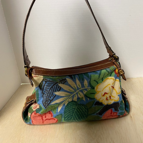 Fossil Tropical Floral Fabric Purse • Brown Leather Strap • With Key - Picture 1 of 16